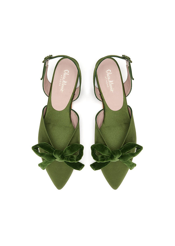 DELPHI COCKTAIL FLAT  |  Olive Satin